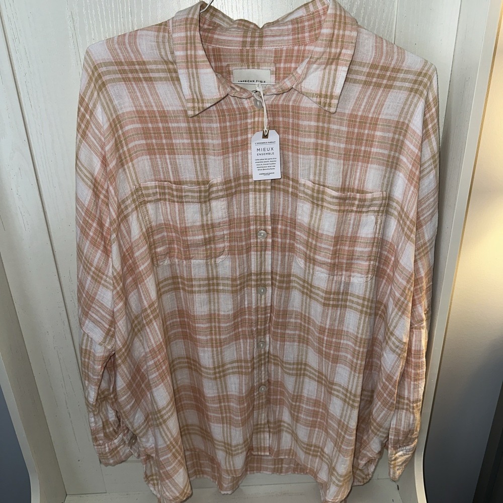 American Eagle Womens Plaid Top Shirt Oversized Roll Tab Sleeve Small Linen